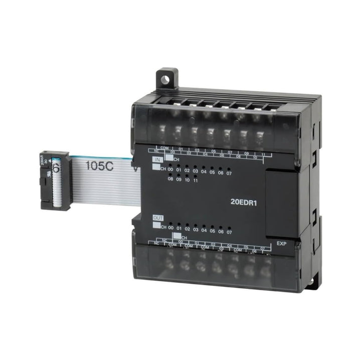 Omron CP1W-20EDR1 I/O expansion module with 12 DC inputs and 8 relay outputs, enhancing CP1 Series PLCs with reliable digital control.