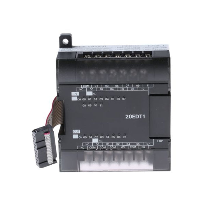 Omron CP1W-20EDT1 I/O expansion module with 12 digital inputs and 8 NPN transistor outputs, ideal for expanding CP1 Series PLCs.