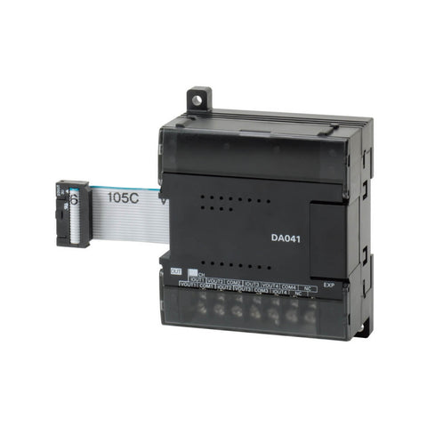 Omron CP1W-DA041 4-channel analog output module with 12-bit resolution for voltage and current control in CP-Series PLCs.