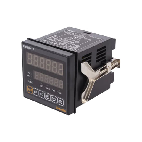 Autonics CT6M-1P4 multifunction digital timer with 4-digit LED display and universal AC power input.