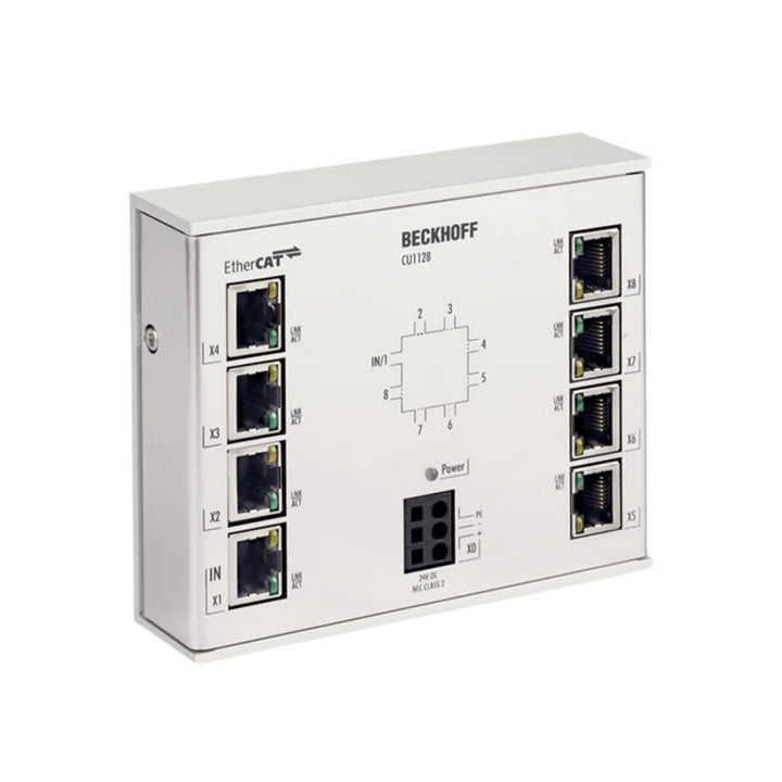 Beckhoff CU1128 8-port industrial USB 2.0 hub, DIN-rail mount, compact automation expansion

