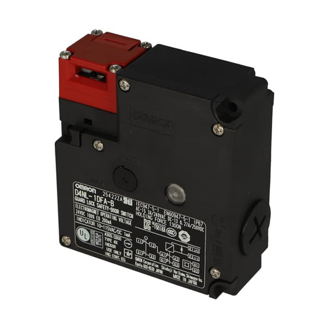 Omron D4NL-1DFA-B safety door switch with 1NC/1NO contacts, 24VDC solenoid lock, IP67 rating, metal head, for machine protection systems.