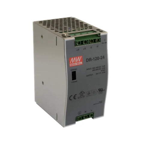 Mean Well DR-120-24 DIN rail power supply, 120 W, 24 V DC, 5 A, compact and reliable for industrial automation systems.