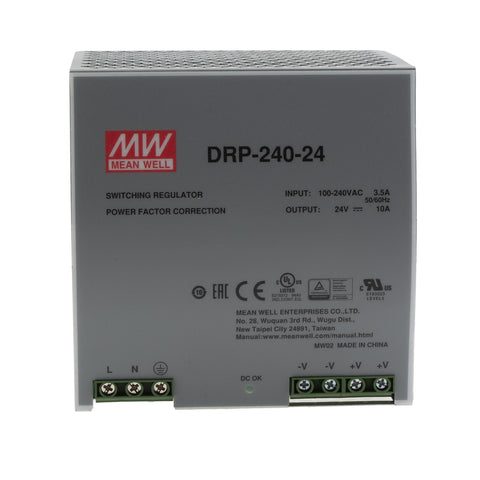 Mean Well DRP-240-24 DIN rail power supply, 240 W, 24 V DC, 10 A, reliable and efficient for industrial automation systems.