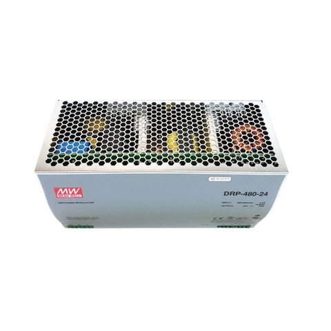 Mean Well DRP-480-24 DIN rail power supply, 480 W, 24 V DC, 20 A, reliable for industrial automation and control systems.