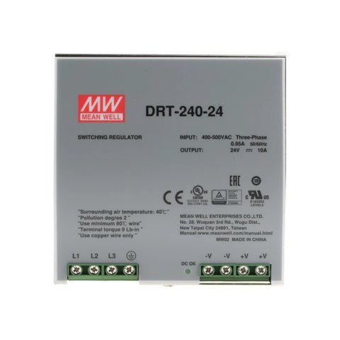 Mean Well DRT-240-24 DIN rail power supply, 240 W, 24 V DC, 10 A, reliable and efficient for automation and industrial systems.