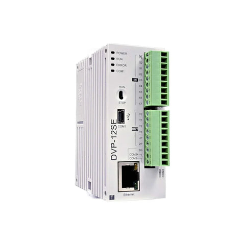 Delta DVP12SE11T PLC Module featuring compact and reliable design for industrial use.