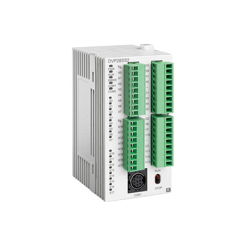Delta DVP28SS211R PLC Module, a compact unit ideal for industrial automation and rugged environments.