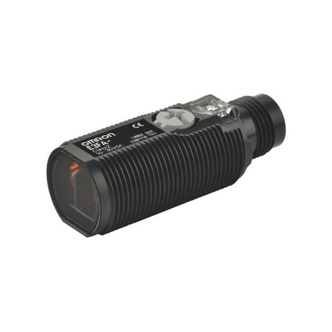 Omron E3FA-RP21 retro-reflective sensor, 4 m range, PNP output, 10–30 VDC supply, compact M18 housing for industrial automation use.