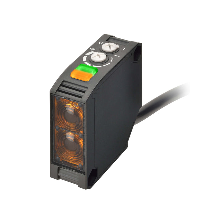 Omron E3JK-RR12-C retro-reflective sensor with 12 m range, relay output, and 24–240 VAC/DC power for reliable object detection.