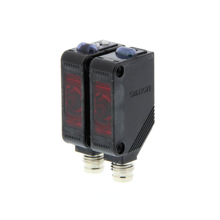 Omron E3Z-T86A through-beam sensor with 15 m range, relay output, and 12–240 VAC/DC supply for precise industrial object detection.