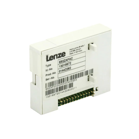 Lenze E82ZAFAC Application I/O Module with digital and analog interfaces for 8200 Vector drives, compact and industrial-grade design.