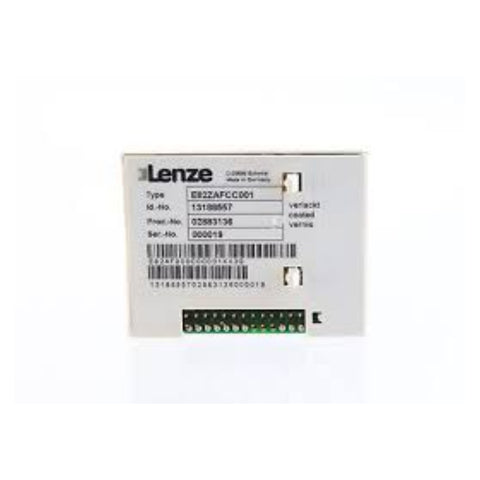 Lenze E82ZAFCC001 CANopen module with compact housing and direct mount interface for industrial communication networks.
