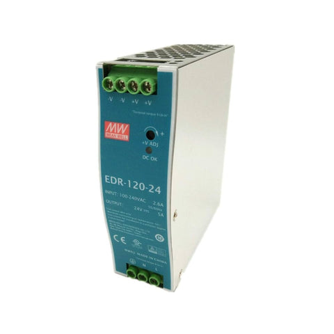 Mean Well EDR-120-24 DIN rail power supply, 120 W, 24 V DC, 5 A, compact and efficient for automation systems.