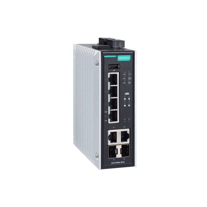 Moxa EDS-P506E-4POE-2GTXSFP Industrial Ethernet Switch, designed for reliable industrial networking applications.