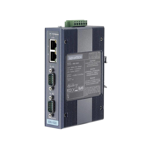 Advantech EKI-1522-CE 2-port RS-232/422/485 serial device server for industrial Ethernet communication.