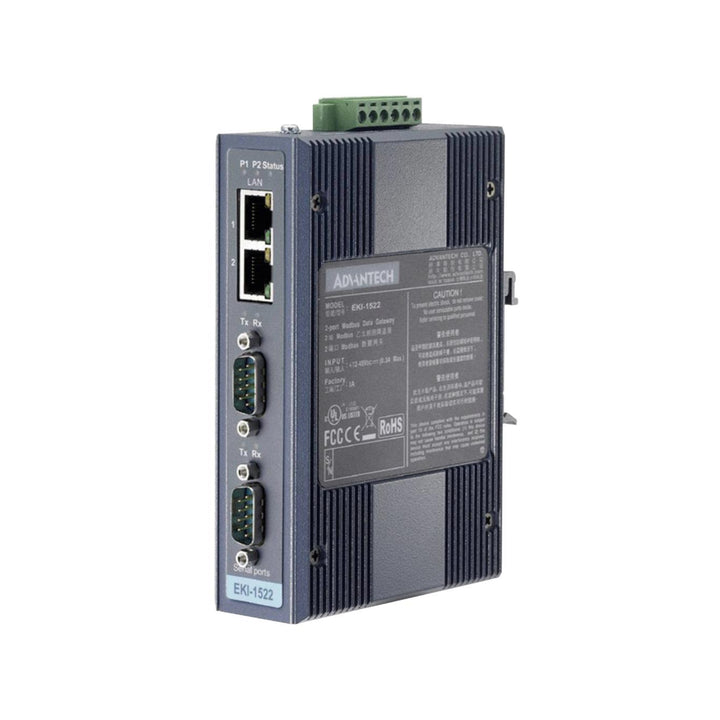 Advantech EKI-1522-CE 2-port RS-232/422/485 serial device server for industrial Ethernet communication.