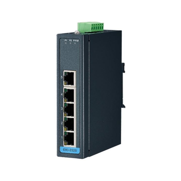 Advantech EKI-2525-BE 5-port industrial Ethernet switch with DIN-rail mounting for factory automation.