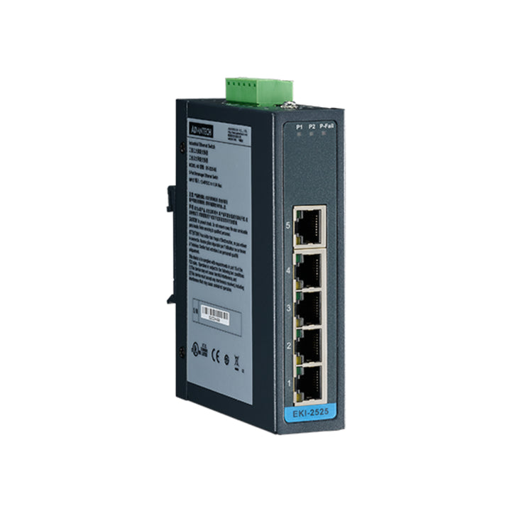 Advantech EKI-2525 5-port industrial Ethernet switch for reliable data transmission and network expansion.