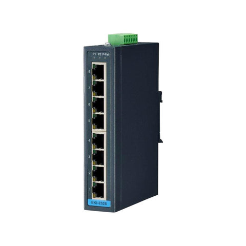Advantech EKI-2528-BE 8-port unmanaged industrial Ethernet switch for reliable network expansion and data transmission.
