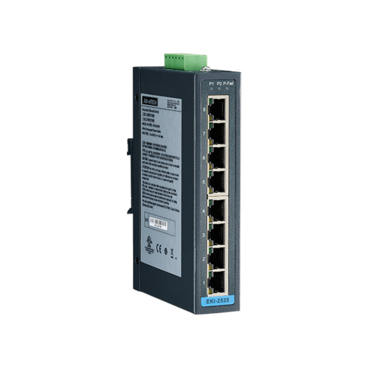 Advantech EKI-2528 8-port unmanaged industrial Ethernet switch for reliable network expansion and industrial automation.