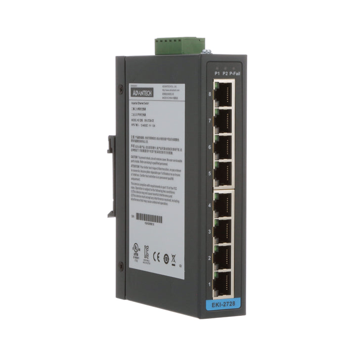 Advantech EKI-2728 8-port unmanaged industrial Ethernet switch for reliable factory automation networks.