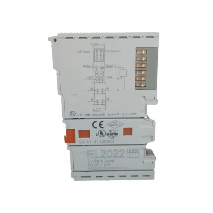 Beckhoff EL2022 digital output terminal, 2-channel, 24 V DC, 0.5 A, for reliable actuator and device control.