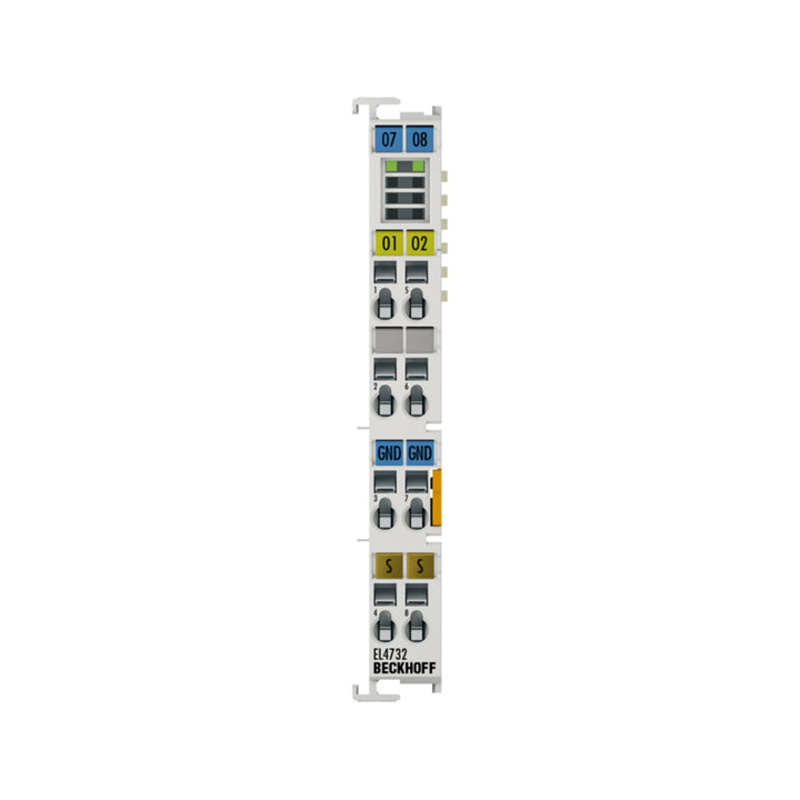 Beckhoff EL4732 EtherCAT terminal, 2-channel ±10 V, 16-bit analog output for precise industrial automation control.