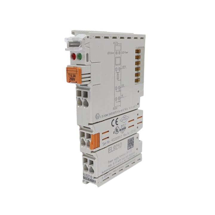 Beckhoff EL9210 fuse terminal, 24 V DC, 10 A, with resettable electronic fuse for EtherCAT power protection.
