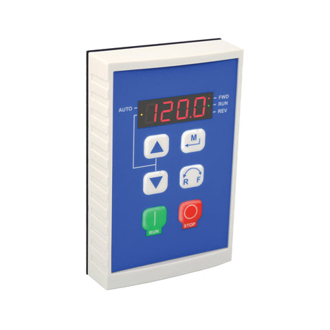 Lenze ESVZXK1 remote keypad for SMVector drives, enabling remote operation up to 100 ft with integrated display and control buttons.