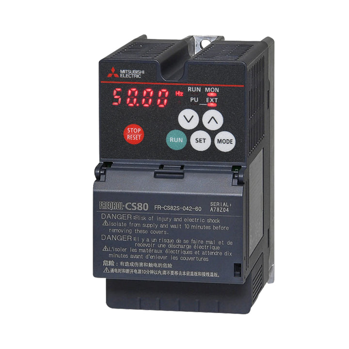 Mitsubishi FR-CS82S-042-60 inverter, 0.75kW, single-phase input, 3-phase output, compact IP20 design for small-scale automation.