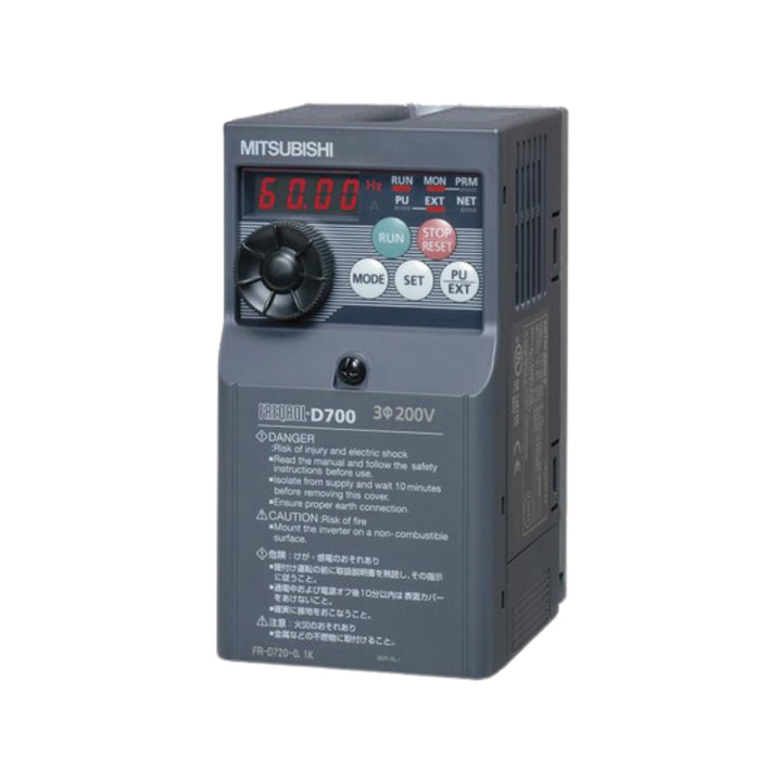 Mitsubishi FR-D720-0.4K inverter, 0.4kW, 1-phase 200–240V AC input, RS-485, compact VFD for small motor applications.
