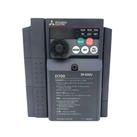 Mitsubishi FR-D740-0.4K-CHT VFD, 0.4kW, 3-phase 380–480V, compact D700 Series drive for light-duty motor control.