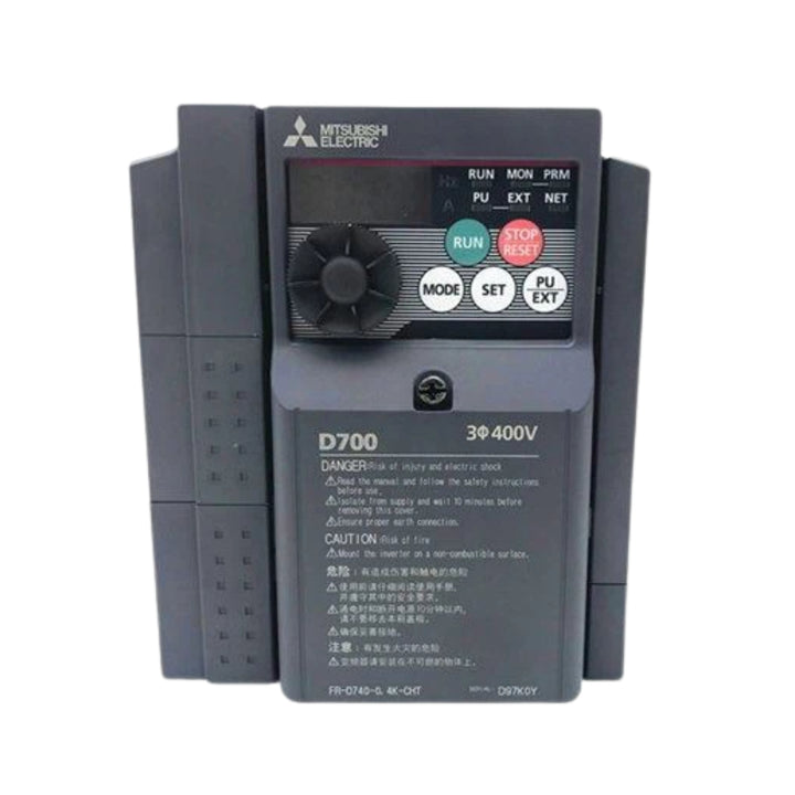 Mitsubishi FR-D740-0.4K-CHT VFD, 0.4kW, 3-phase 380–480V, compact D700 Series drive for light-duty motor control.