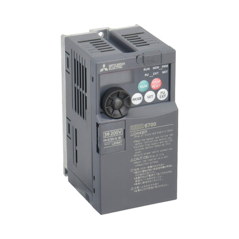 Mitsubishi FR‑E720‑0.2K compact inverter drive 0.2 kW 200 V 3‑phase for small industrial motor control.