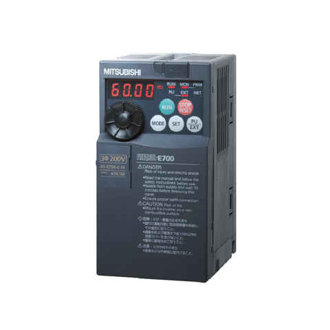 Mitsubishi FR-E720-0.75K inverter drive for 0.75 kW motor control with 1-phase 200V input in compact applications.