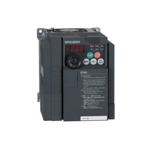 Mitsubishi FR-E740-0.4K compact inverter drive for 0.4 kW 3-phase 400V motor control in light industrial systems.