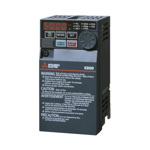 Mitsubishi FR-E820S-0030-4-60 VFD, 0.4 kW, 200–240 V input, three‑phase output, compact vector control inverter