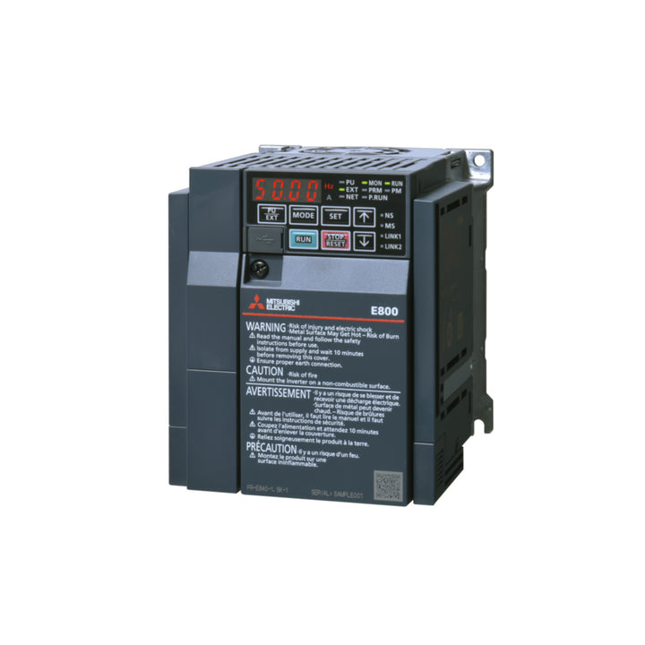 Mitsubishi FR‑E840‑0040EPB‑60 2.2 kW intelligent VFD with Ethernet, PLC, and STO for 380–480 V motor control.