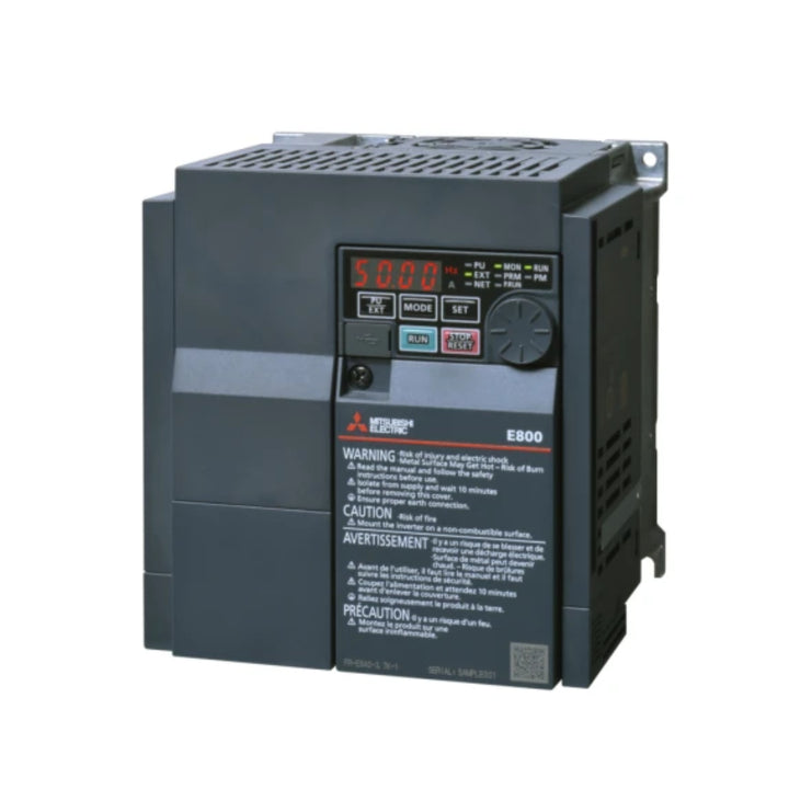 Mitsubishi FR-E840-0060-4-60 VFD, 15 HP, 3-phase 400V input, FR-E800 Series inverter for motor control.