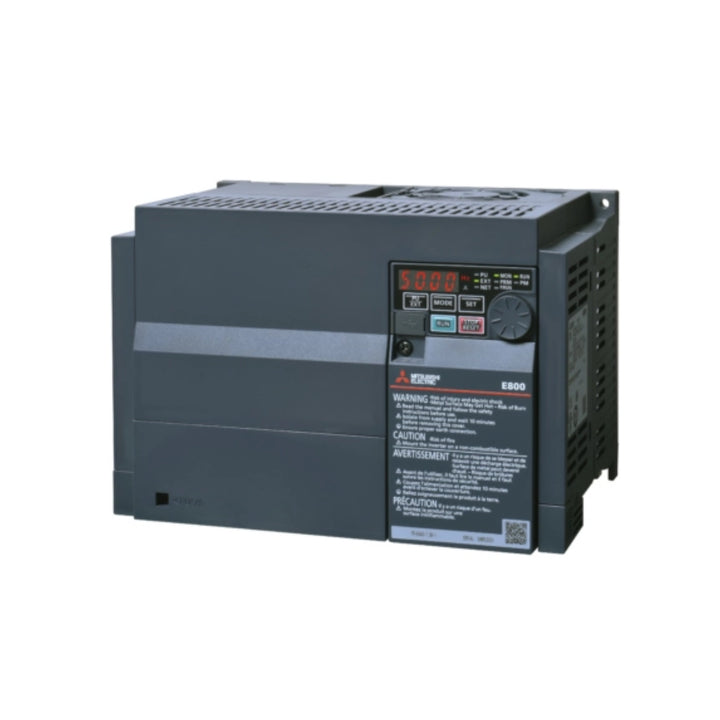 Mitsubishi FR-E840-0170-4-60 VFD, 17.0kW, 3-phase 380–480V, IP20, compact inverter from FR-E800 Series for industrial motor control.
