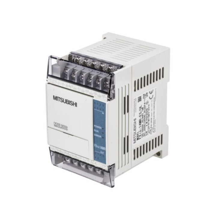 Mitsubishi FX1S-14MR-ES/UL PLC, 14-point unit with 8 digital inputs and 6 relay outputs, 100–240V AC power supply.