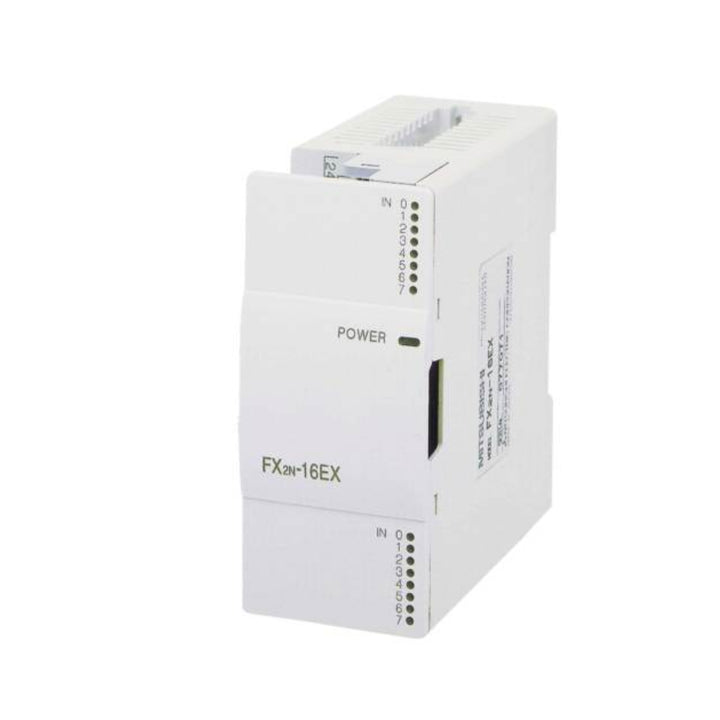 Mitsubishi FX2N-16EX digital input module, 16-point 24VDC sink/source, for FX2N PLC expansion, compact and DIN rail mountable.