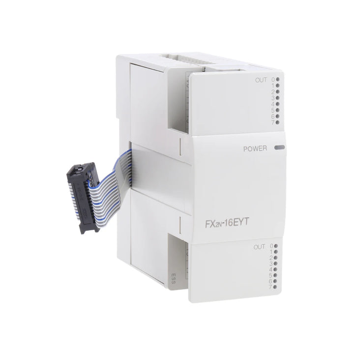 Mitsubishi FX2N-16EYT transistor output module with 16 sink-type points for 24 V DC FX series PLC control.