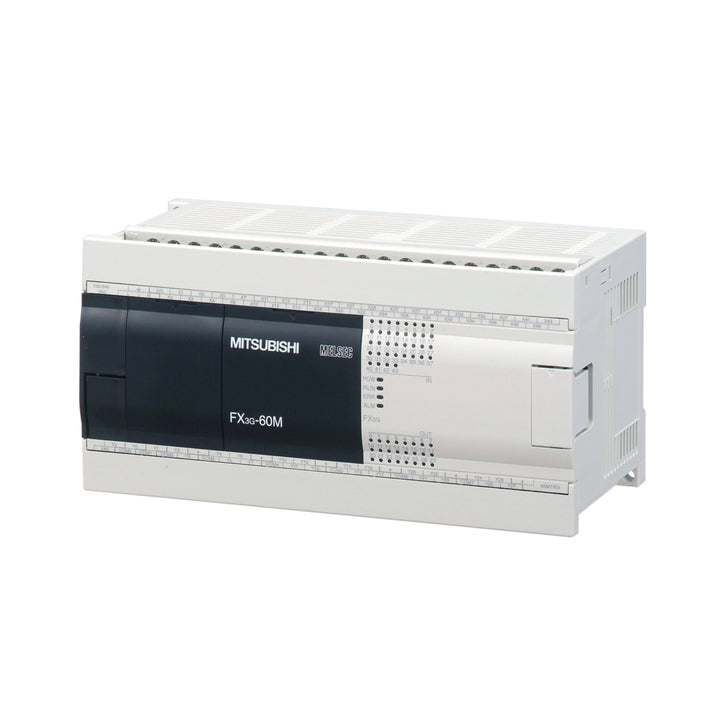 Mitsubishi FX3G-60MR/DS PLC, 60-point unit with 36 digital inputs and 24 relay outputs, 24V DC power supply.