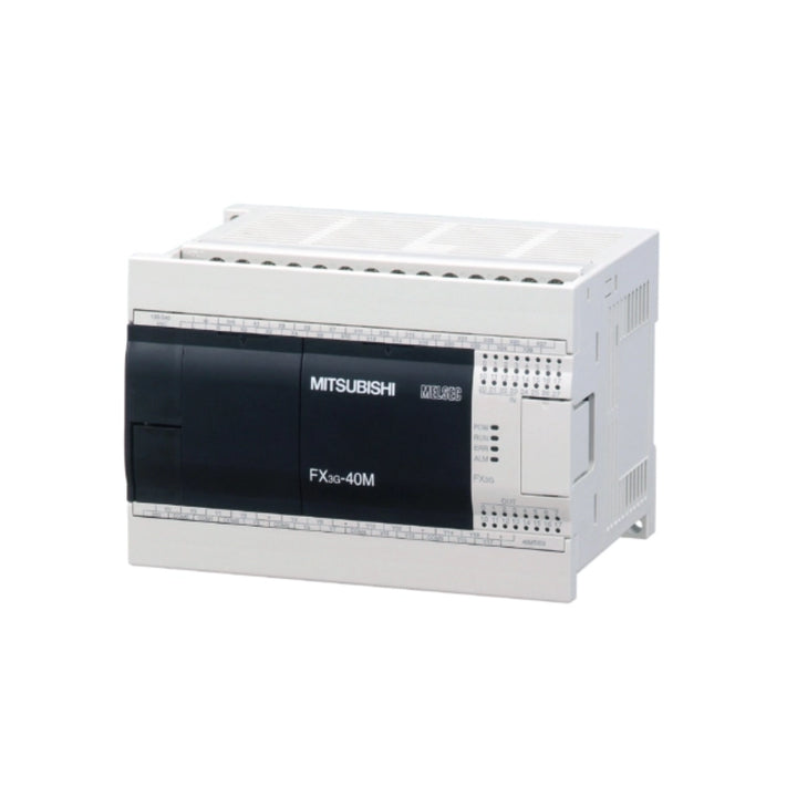 Mitsubishi FX3G‑40MT‑ES compact PLC with 16 inputs, 24 transistor outputs, and universal AC power for industrial control.
