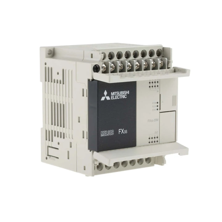 Mitsubishi FX3S‑20MR‑ES compact PLC with 12 inputs, 8 relay outputs, and 100–240 V AC power for small industrial control.