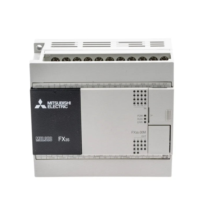 Mitsubishi FX3S-30MR/DS compact PLC with 16 inputs, 14 relay outputs, and AC power for small automation systems.