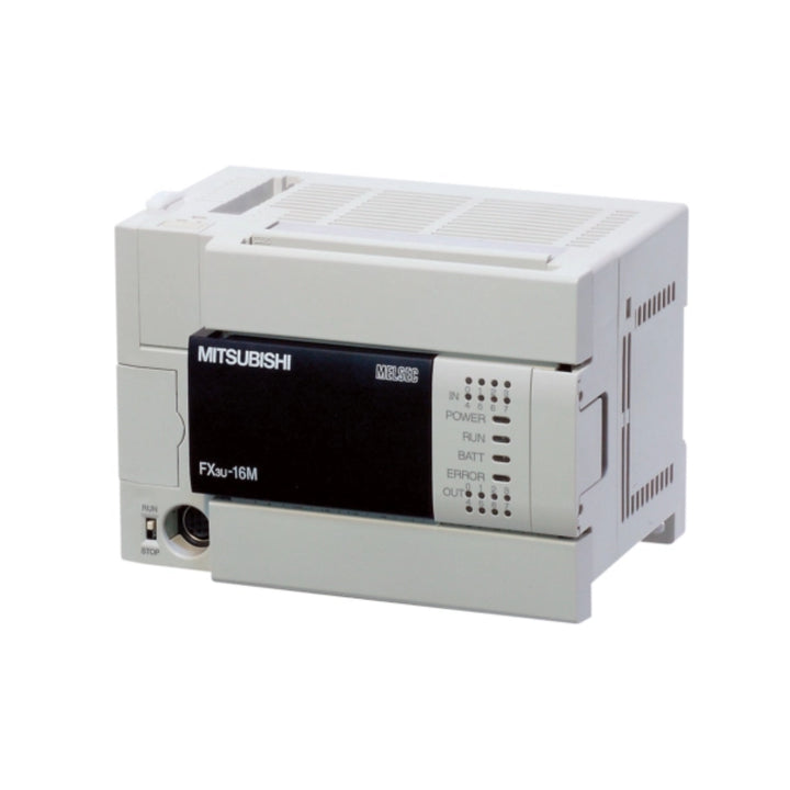 Mitsubishi FX3U-16MT/ES-A PLC, 16-point unit with 8 digital inputs and 8 transistor (sink) outputs, 100–240V AC power supply.