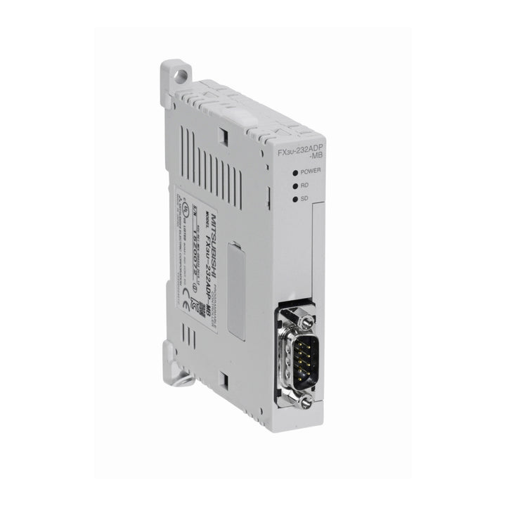 Mitsubishi FX3U-232ADP-MB adapter module converting RS-232C to RS-485 Modbus for FX3U PLCs.